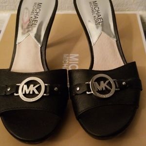 Michael Kors, 6.5, black 2.5" heel, silver MK logo
